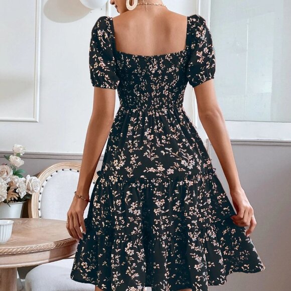 Womens Floral Print Puff Sleeve Shirred Layered Hem Dress green - Picture 3 of 5